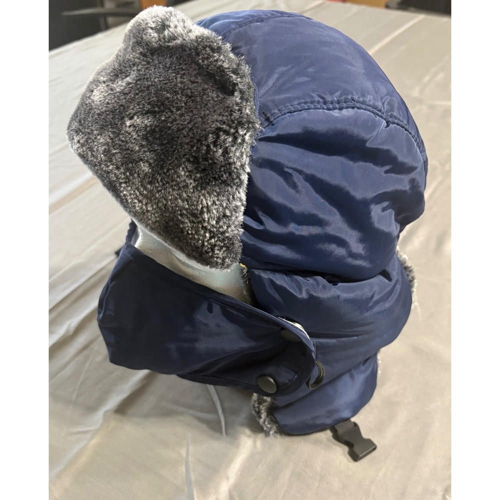 True Gear North Mens Trapper Hat Navy Blue Faux Fur Aviator Cap with Face Mask - Picture 2 of 6